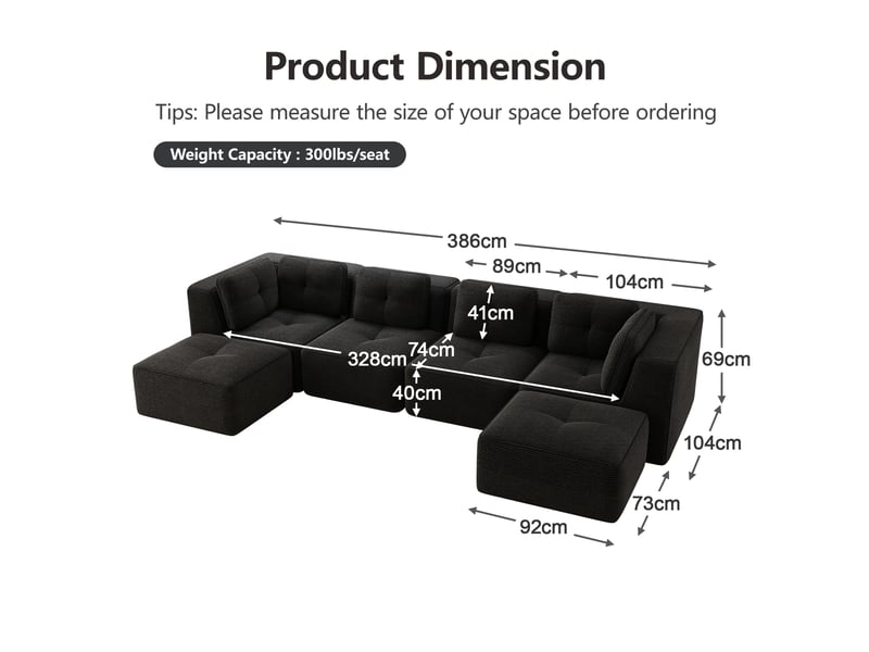Canapé d'angle modulable sans montage, base antidérapante et accoudoirs larges, en velours côtelé noir - Conforama E