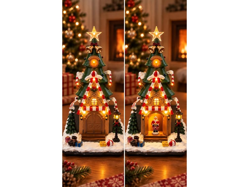  Décoration de noël lumineuse sapin et maison avec père noël del  - Conforama D
