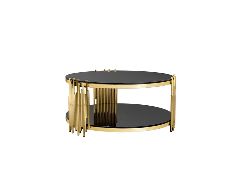  Table basse ulevr ronde à 2 niveaux avec rangement, ø 80 cm, verre trempé noir et cadre en acier inoxydable doré  - Conforama A