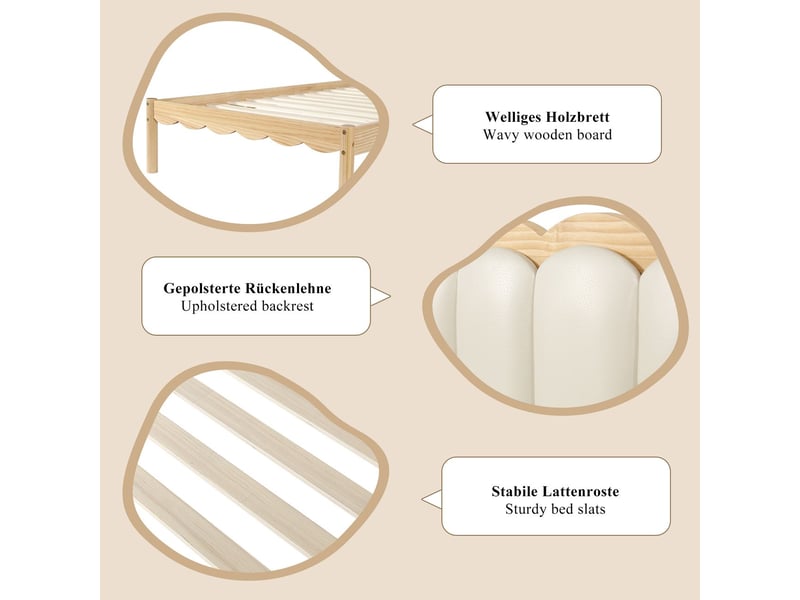  Lit simple 90 x 200 cm cadre de lit en bois massif tête de lit rembourrée en pu design ondulé élégant finition beige  - Conforama D