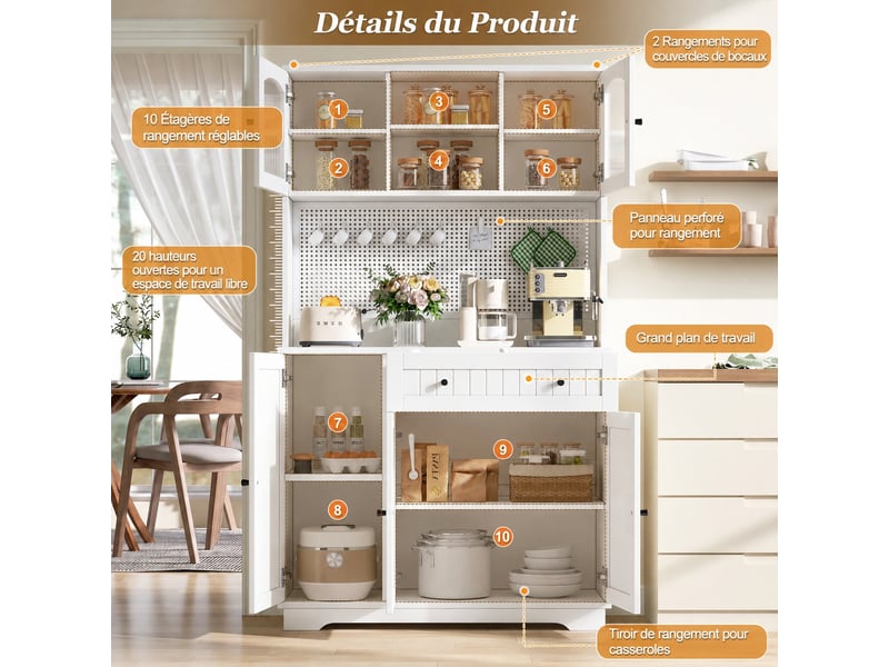  Meuble de cuisine muvano, buffet de cuisine blanc avec vitrine et tiroir, 103,5 × 40 × 180 cm  - Conforama R