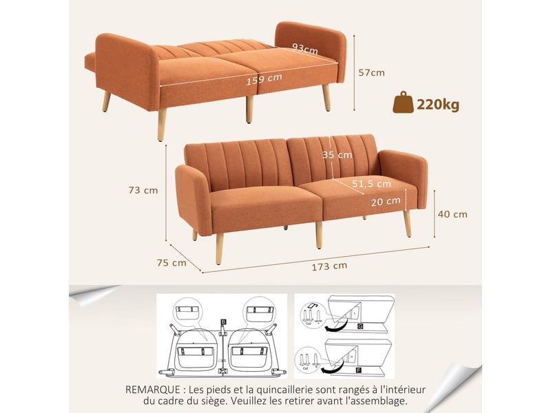  Canapé convertible 2 places design scandinave dossier inclinable 3 positions pieds bois tissu aspect lin marron  - Conforama C