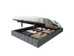 Lit coffre 140 × 200 cm 2 places avec led réglable et rangement, sans matelas, rembourré en tissu gris