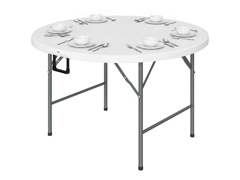 Table d'appoint ronde, table de jardin pliante avec structure en acier et plateau en pehd, capacité de charge 80 kg, ø 122 x 73 cm, blanche - Conforama B
