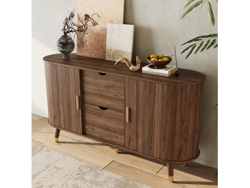  Buffet bas 140x40x79,5 cm noyer mdf, 2 portes coulissantes, 2 tiroirs et étagères réglables, rangement modulable  - Conforama B