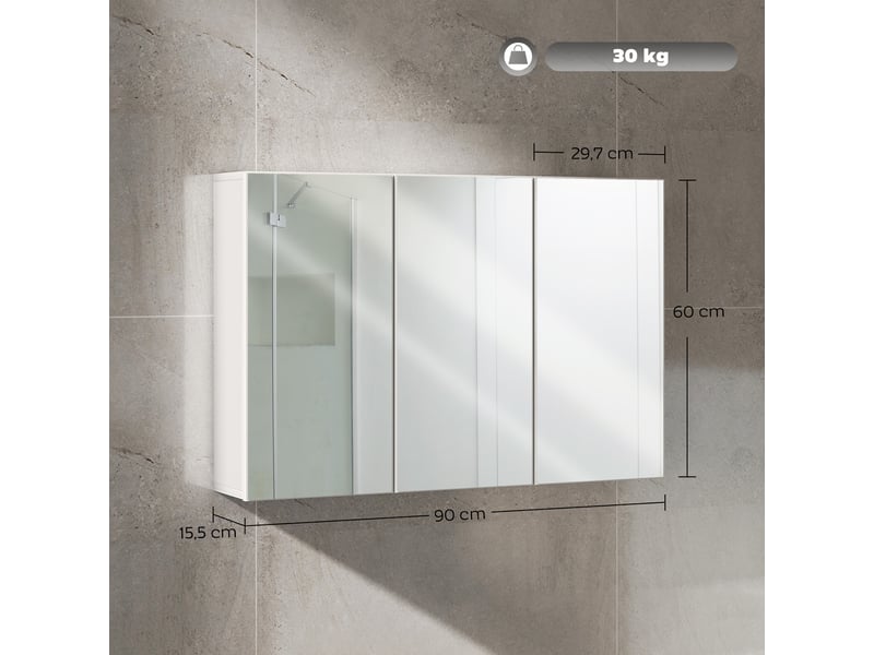  Armoire de toilette avec 3 portes miroir en panneau de particules blanc 90x15,5x60 cm  - Conforama C