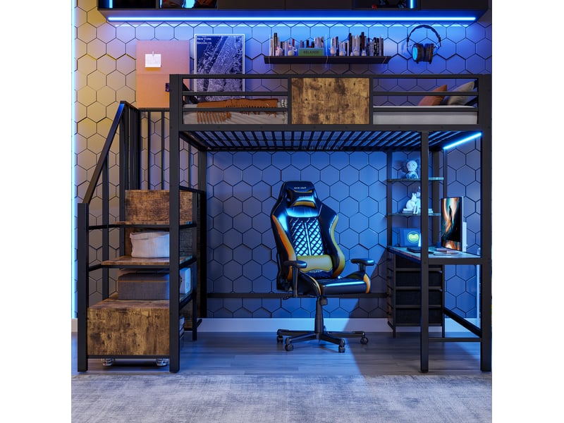  Lit mezzanine 140x200 cm avec bureau, étagères, penderie, lit enfant avec led et prise, métal et mdf, noir sans matelas  - Conforama B