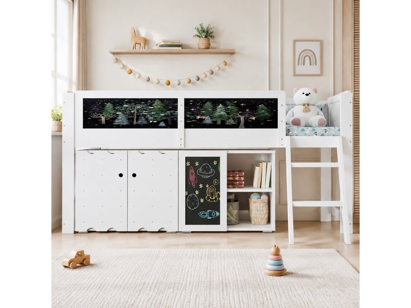  Lit mezzanine lit simple avec armoire 2 portes, tableau ardoise et barrière, 90×200 cm, sans matelas, blanc  - Conforama C