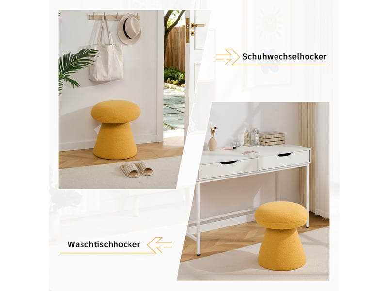  Repose-pied pivotant à 360° en forme de champignon, assise rembourrée pour salon et chambre, en tissu teddy jaune  - Conforama E