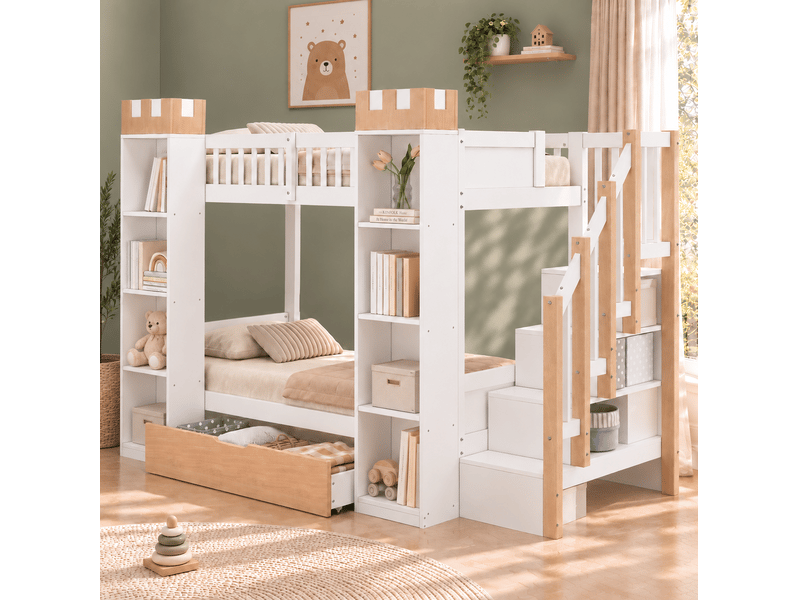  Lit superposé enfant 90x200 cm avec escalier de rangement, tiroir et barrière de sécurité, bois et mdf blanc et naturel sans matelas  - Conforama E
