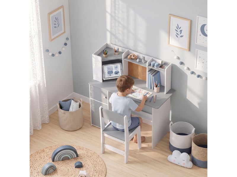 Bureau enfant avec chaise gris, support tablette et rangements intégrés 90 x 39 x 95 cm  - Conforama C