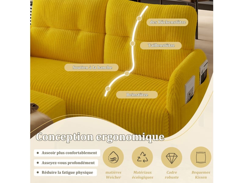  Ensemble de canapés 2 places avec fauteuil et repose-pieds, pochette latérale, dossier, pour le salon, velours, jaune  - Conforama E