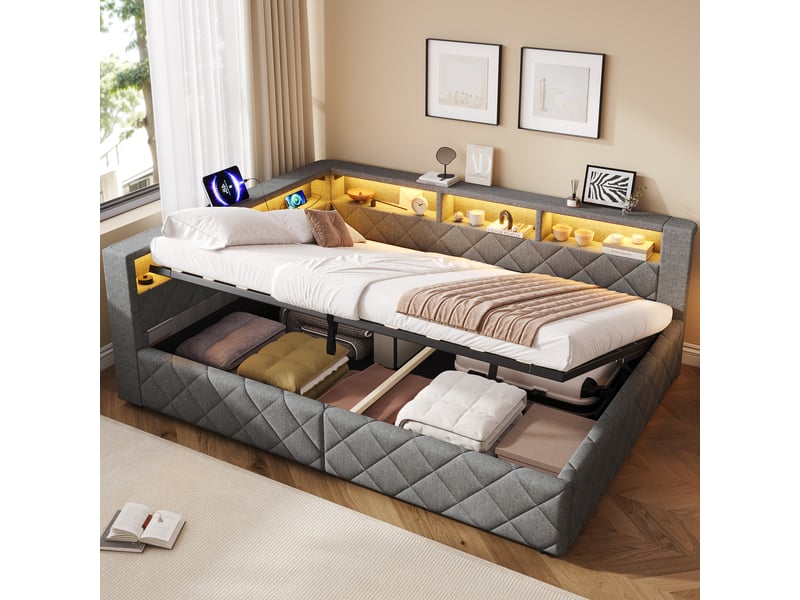 Lit coffre hydraulique 140x200 cm avec led, rangement ouvert et usb, tissu lin gris, structure mdf, sans matelas - Conforama B