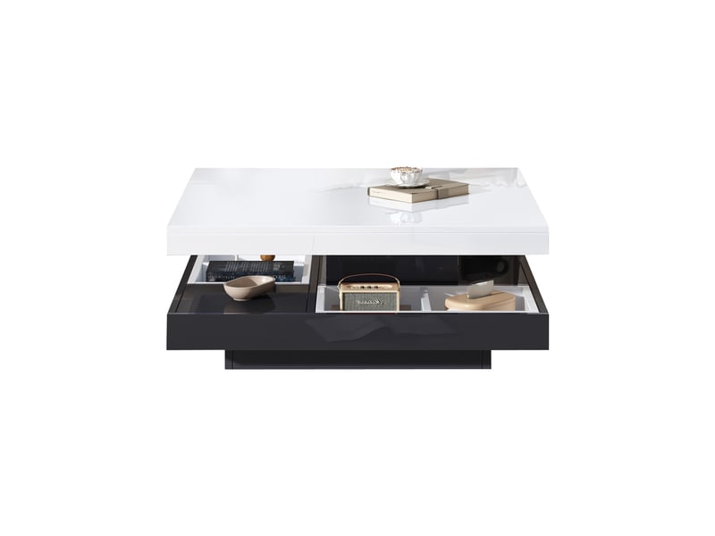  Table basse pivotante 360 avec rangement, table de salon blanc et noir haute brillance, 70x70x36 cm  - Conforama A