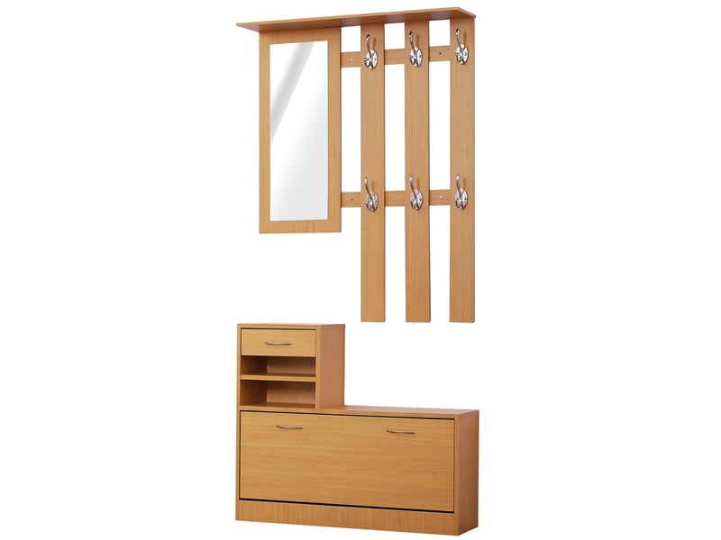  Ensemble entrée 2 pièces miroir + porte-manteau + rangement chaussures, 6 crochets, étagères, tiroir abattant, bois brun  - Conforama A