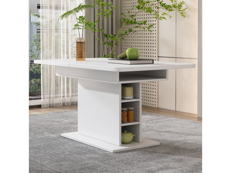  Ensemble table à manger extensible blanc et 4 chaises en velours beige, rangement intégré, piètement métallique, salle à manger  - Conforama D