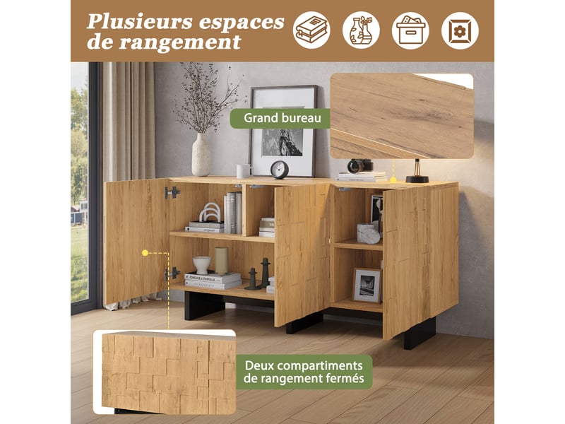  Buffet salon, armoire de rangement avec 3 portes, buffet cuisine avec 5 compartiments, 140x40x70cm , façades 3d, bois naturel  - Conforama D