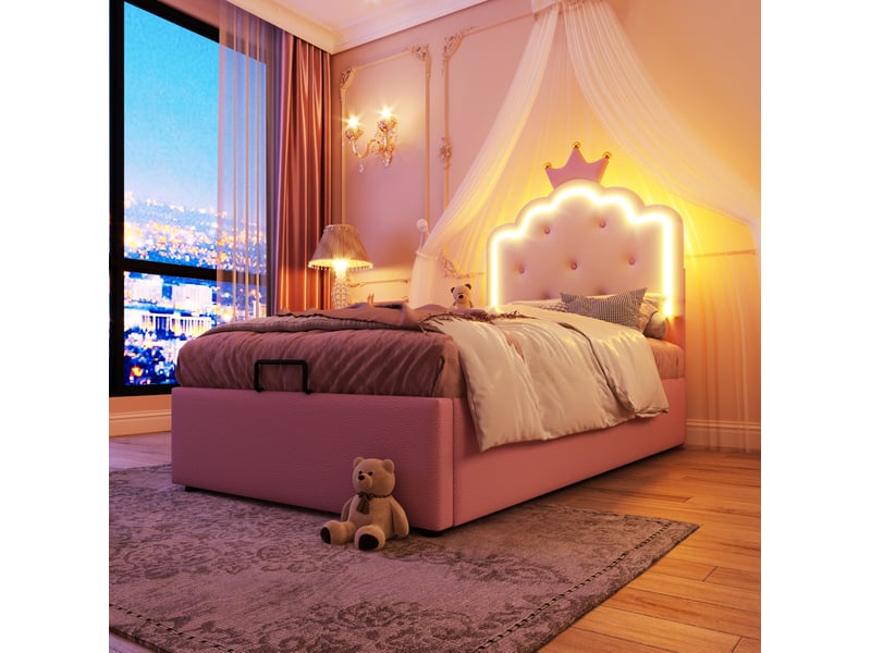  Lit enfant 90x200 cm rose avec sommier, éclairage led télécommandé et rangement hydraulique  - Conforama D