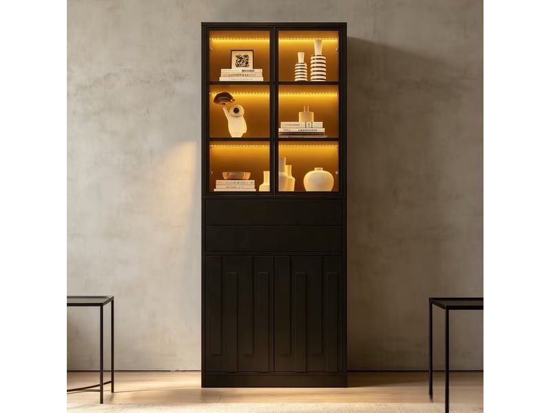  Buffet haut 70x37x180 cm, éclairage led, en panneaux de particules avec 2 tiroirs, style contemporain, coloris noir  - Conforama D