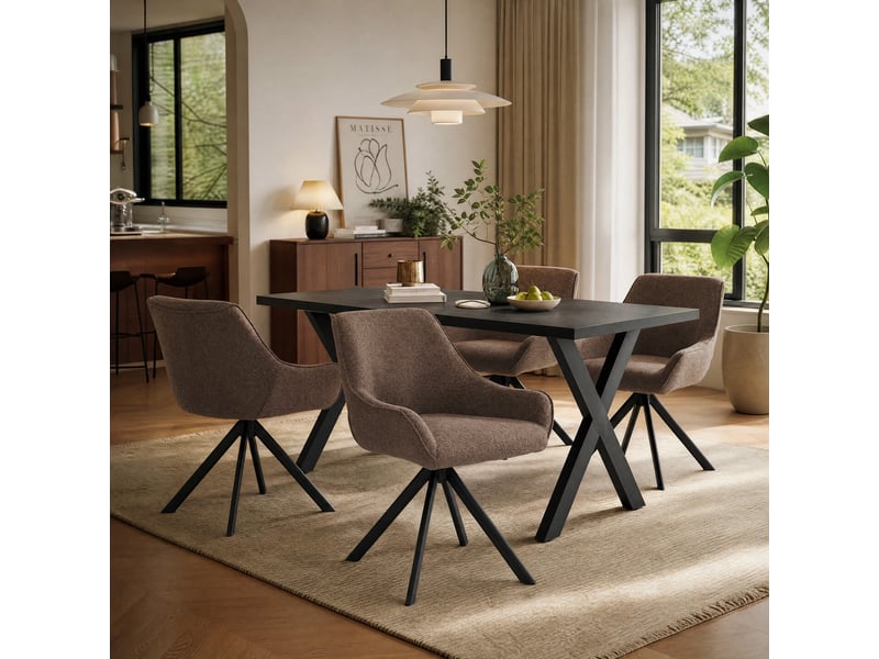 Ensemble table et 4 chaises - table rectangulaire 160x80 cm monobloc en chêne noir et pieds métal, 4 chaises en tissu marron moka et pieds métal - Conforama A