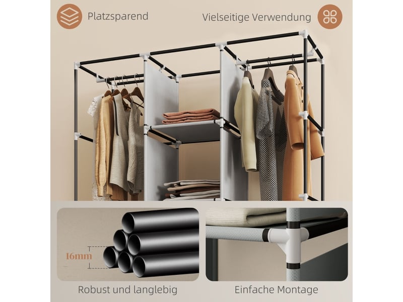  Armoire en tissu avec 8 étagères et 2 tringles, fermeture zippée, pour chambre, gris clair, 125 × 43 × 162,5 cm  - Conforama E