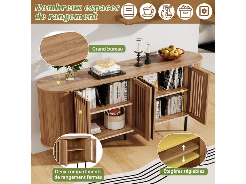  Buffet bois naturel 160 cm bahut 4 portes perforées meuble de rangement pieds métal  - Conforama E