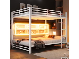 Lit superposé 140x200 cm avec armoires de rangement lit 1 personne avec éclairage led, blanc, lit adulte
