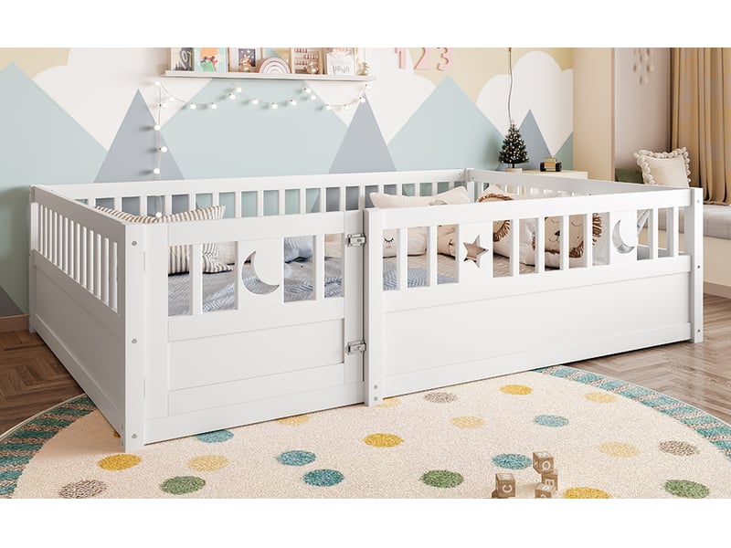  Lit enfant 140x190 cm avec barrière de sécurité motif étoiles et lune bois de pin blanc sans sommier ni matelas Sol Morn - Conforama B