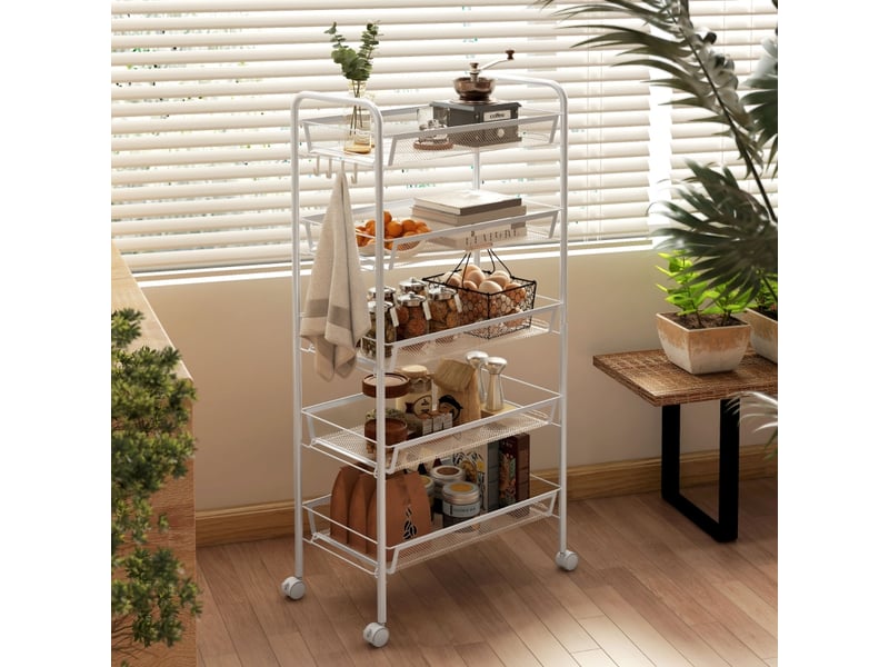  Desserte de cuisine à 5 paniers, 4 crochets et 4 roulettes avec freins pour cuisine et salle de bain, 45 × 26,5 × 106 cm  - Conforama C