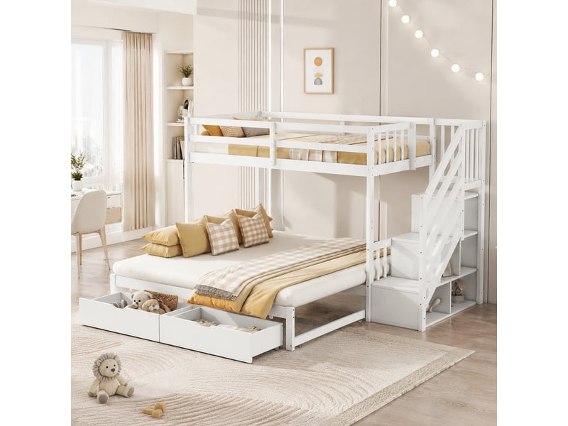 Lit superposé enfant 90×200 cm et 180×200 cm gigogne, 2 tiroirs et rangement - sans matelas, pin blanc - Conforama C