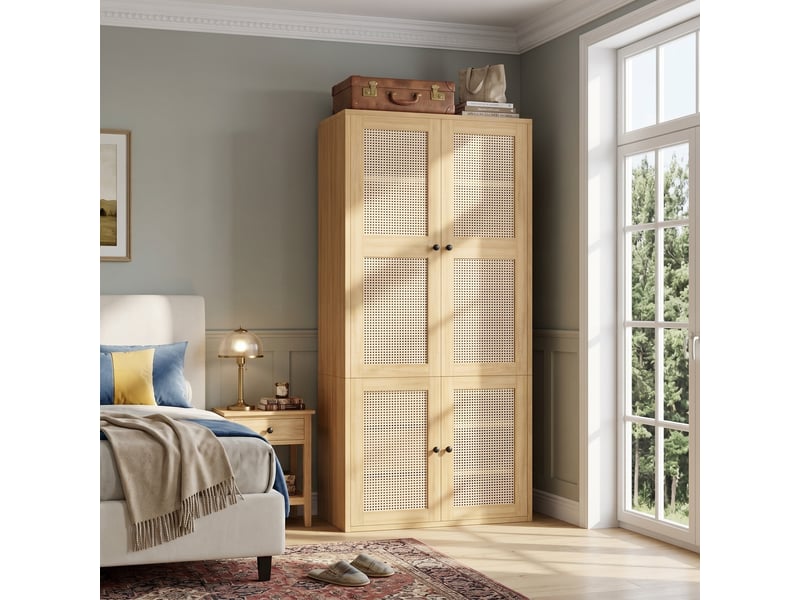  Armoire chambre 90x47x200 cm, penderie avec portes en rotin, garde-robe moderne en mdf style bohème, avec 1 tringle et 3 tiroirs, chêne  - Conforama C
