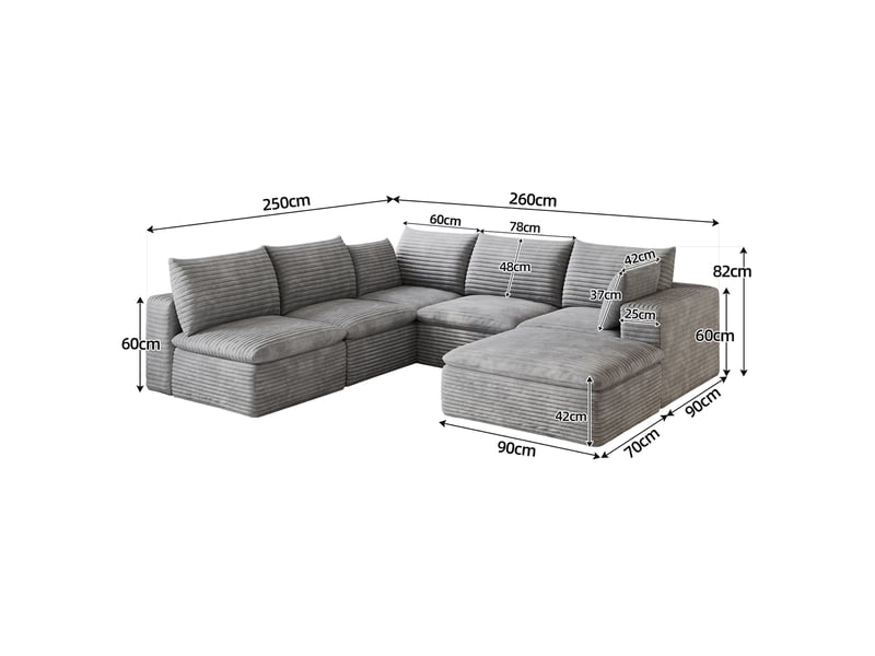  Canapé modulable modenvie 6 places en velours côtelé gris 260 x 250 x 60 cm avec coussins amovibles  - Conforama C