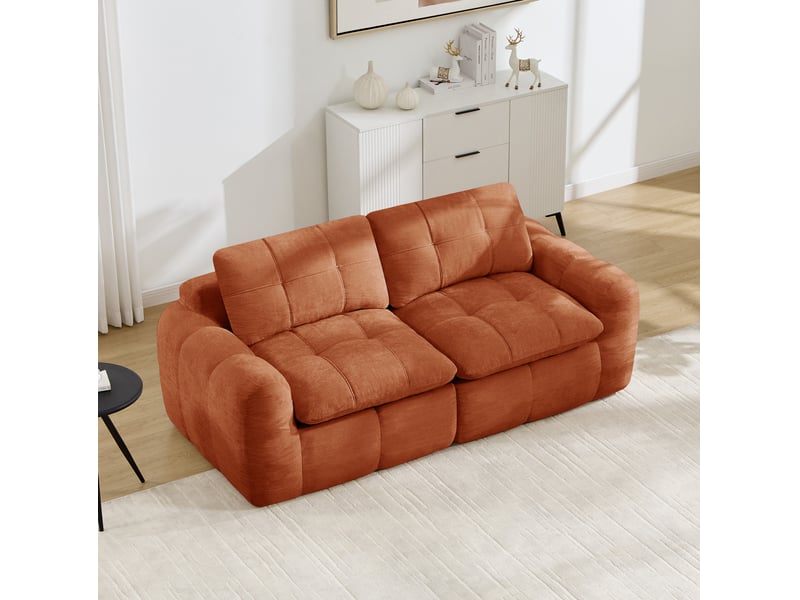  Canapé modulable 2 places 194×97×68cm, sans montage, assise profonde, mousse 32d, design à carreaux, chenille, orange  - Conforama D