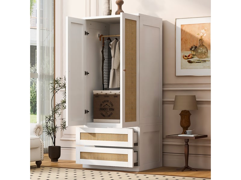  Armoire de chambre 70 x 55 x 170 cm avec tiroirs et étagères, façades imitation rotin, grande rangement, design moderne, blanc Sol Morn - Conforama D