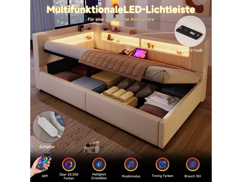  Lit banquette beige 90x200 cm avec coffre hydraulique, led, usbtype-c, lin, convertible  - Conforama B