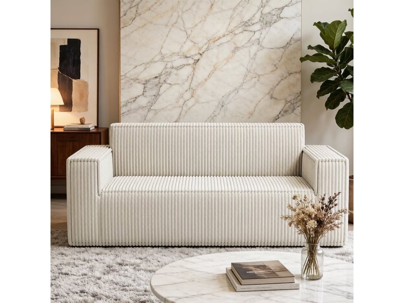 Canapé 2 places en velours côtelé blanc, assise profonde, sans pieds, sans montage, transport facile - Conforama B