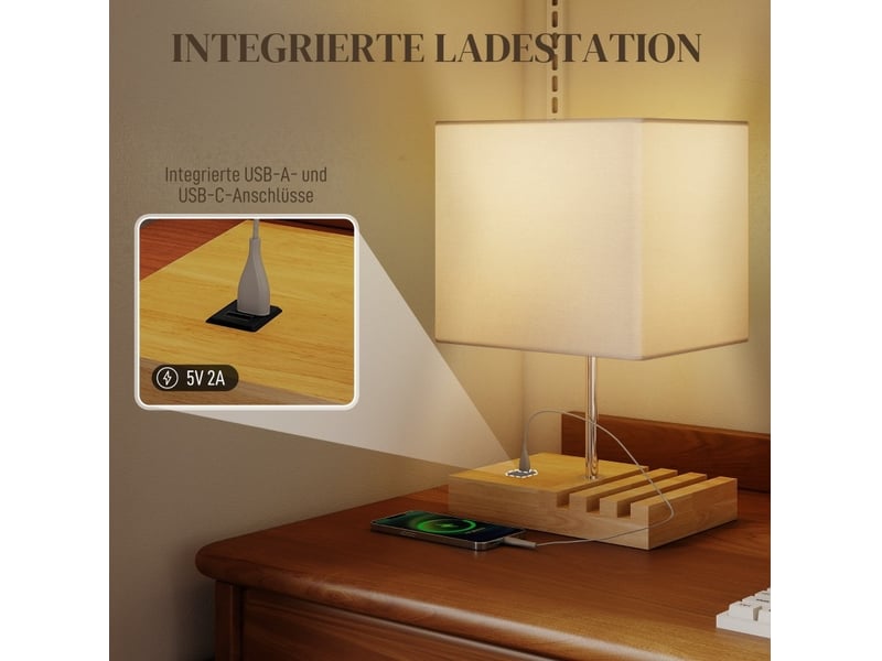  Lampe de chevet 25x20x40,5 cm ports usb-a et usb-c bois blanc  - Conforama D