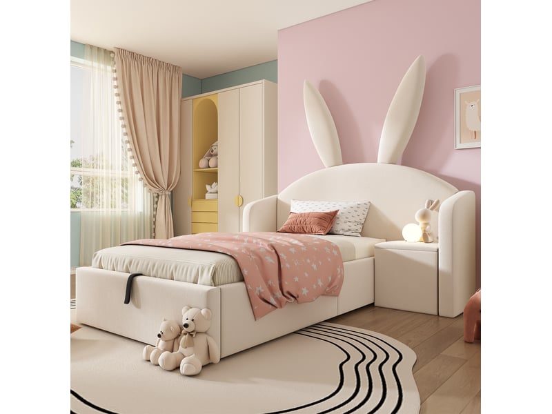  Lit enfant 90 x 190 cm, rangement hydraulique, chevet, tête de lit beige  - Conforama D