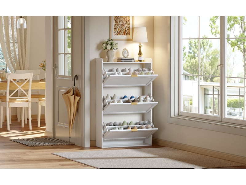  Meuble à chaussures étroit blanc 76x23x118 cm, placard rangement entrée avec 3 portes abattantes  - Conforama W