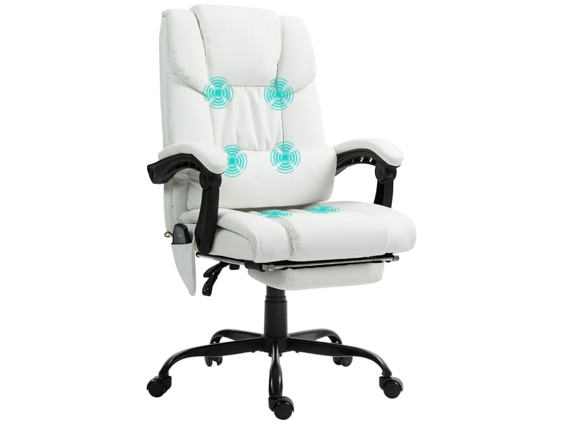  Chaise de bureau massante à 6 points blanche, dossier inclinable à 130° et repose-pieds  - Conforama A