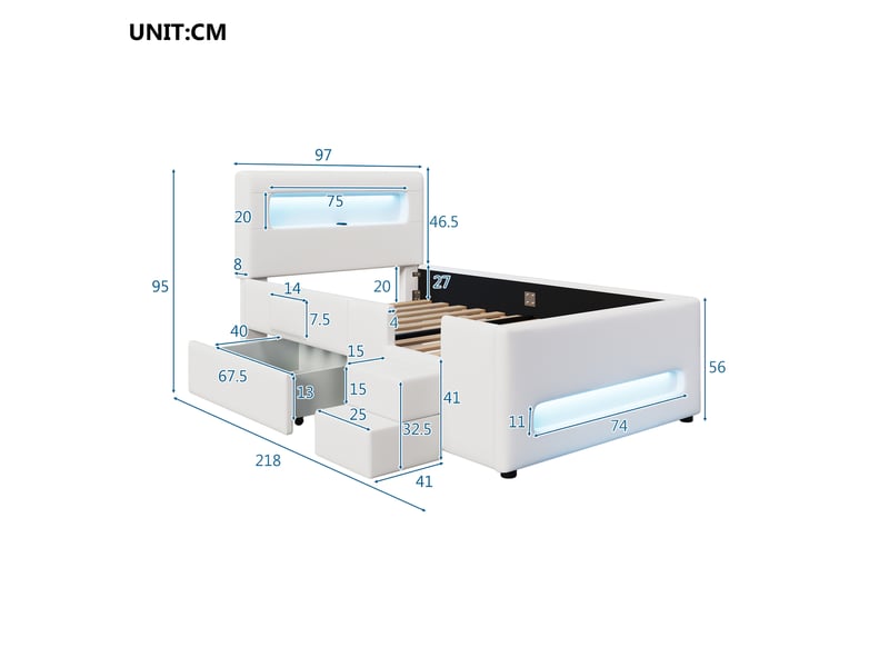  Lit simple rembourré 90x200 cm coloris blanc led pu lit enfant blanc - Conforama C