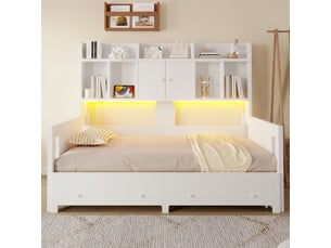 Canapé-lit éclairage led couchage d'appoint structure extensible bois tiroirs intégrés compartiments de rangement meubles intégrés compartiments ouverts prises électriques blanc