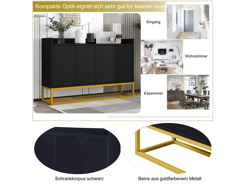 Buffet en panneau de particules noir, 4 portes, 120 x 30 x 80 cm - Conforama R
