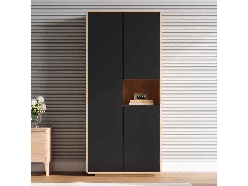 Armoire de cuisine haute 75x40x170cm, étagères réglables, niche ouverte et rangements de porte, design sans poignées, noir et bois naturel, cuisine  - Conforama B