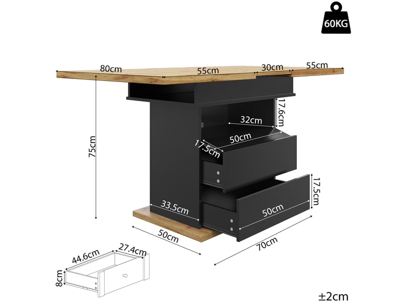  Table à manger extensible, 110x80x75 cm, repas, salle à manger, design moderne, pratique, mdf, coloris noir et naturel  - Conforama C