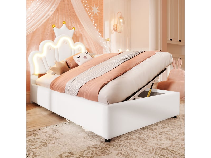  Lit coffre rembourré 90x200cm coloris blanc led pu lit enfant blanc - Conforama D