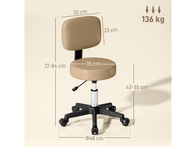  Tabouret à roulettes réglable en hauteur de 72 à 84 cm avec dossier pivotant à 360° pour bureau salon en marron clair  - Conforama C