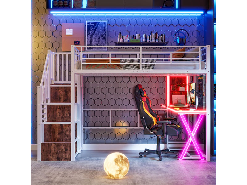  Lit superposé 90*200cm avec led, échelle de rangement, bureau, armoire, étagères, sans matelas, blanc  - Conforama E