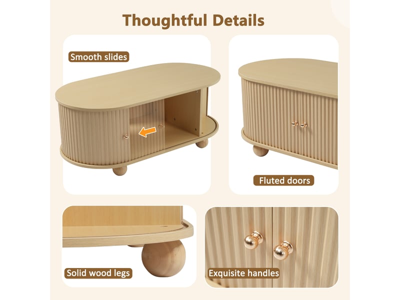  Table basse ovale en mdf avec portes coulissantes et rangement,bois clair table basse bois clair - Conforama D
