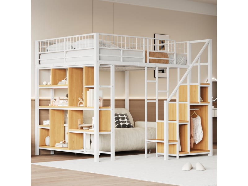 Lit mezzanine 140x200 cm métal pour adulte et ado avec escalier et rangements, design moderne en mdf + contreplaqué - blanc - Conforama D